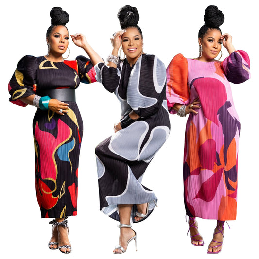 Women's Fashion Wear Lantern Sleeve Pleated Dress Dresses