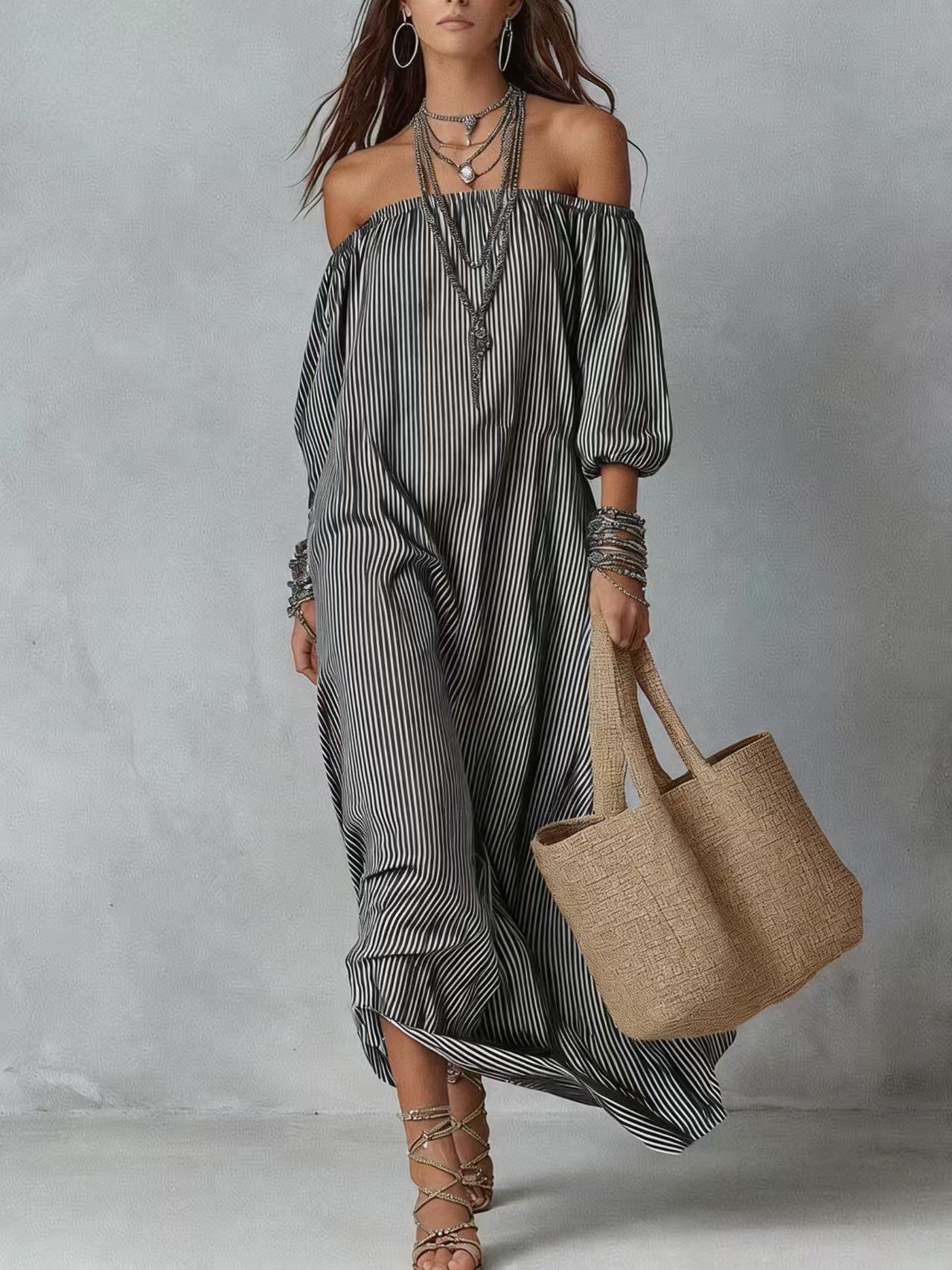 Women's Elegant Striped Loose Holiday Fashion For Dress