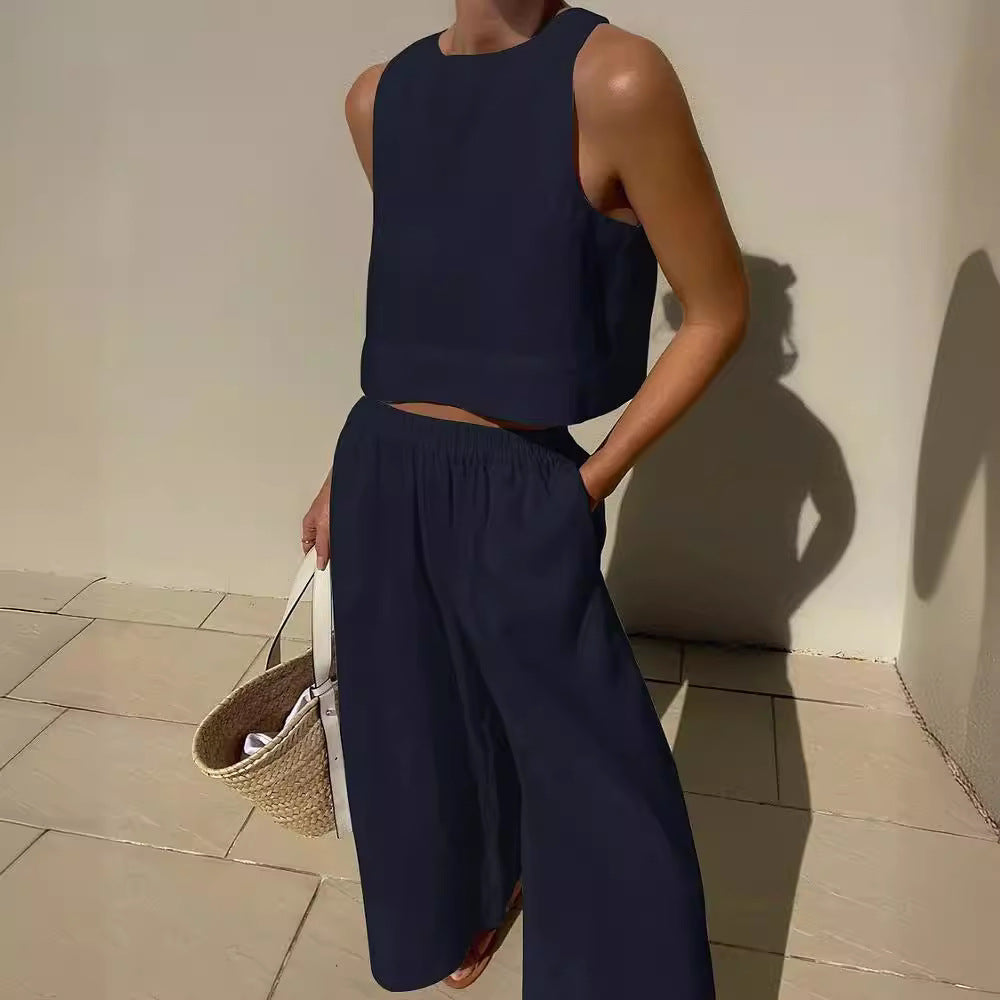 Loose Solid Color Sleeveless Shirt Trousers Fashion Casual Suit