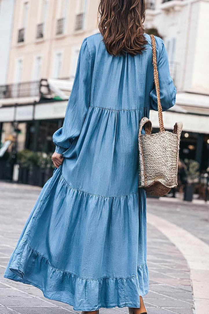 Women's Dress Denim Long Sleeve Ruffled Large Dresses