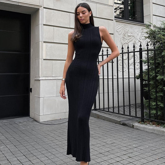 Knitted Turtleneck Sleeveless Tight Midi Dress Dresses