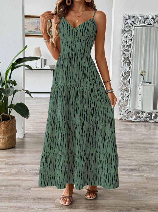 Women's Vacation Style Suspender Irregular Striped Design Dress