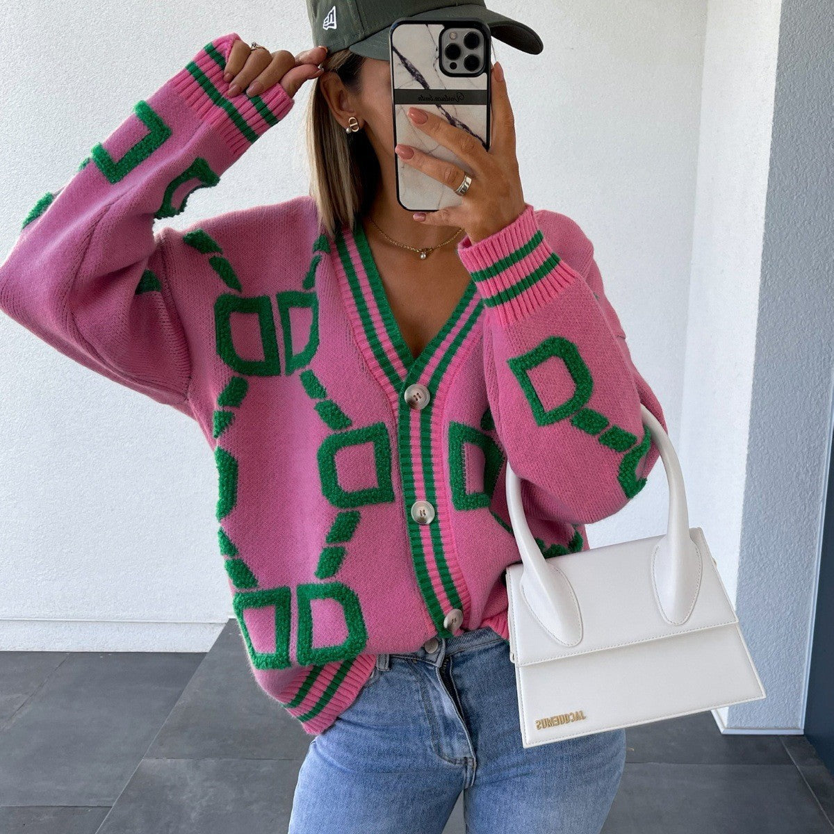 Women's Single Breasted Geometric Knitted Loose Coats