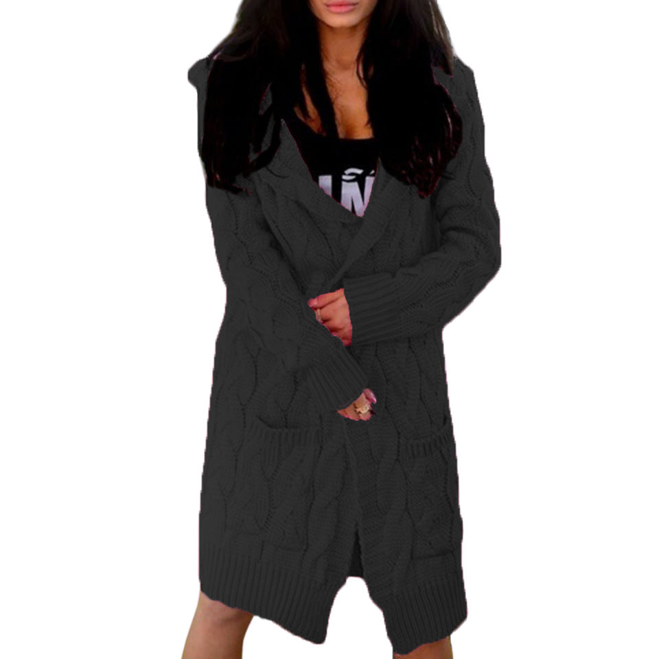 Women's Hooded Solid Color Twist Pocket Knitwear