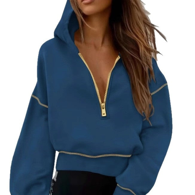 Women's Half Zipper Ladies Hooded Long-sleeved Fashion Sweaters