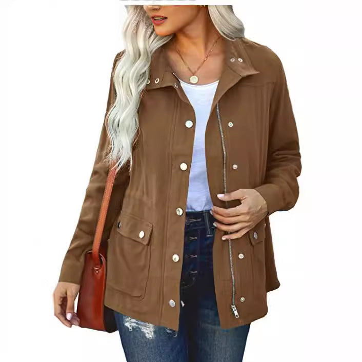 Women's Fashion Polo Collar Solid Color Pocket Fastener Jackets