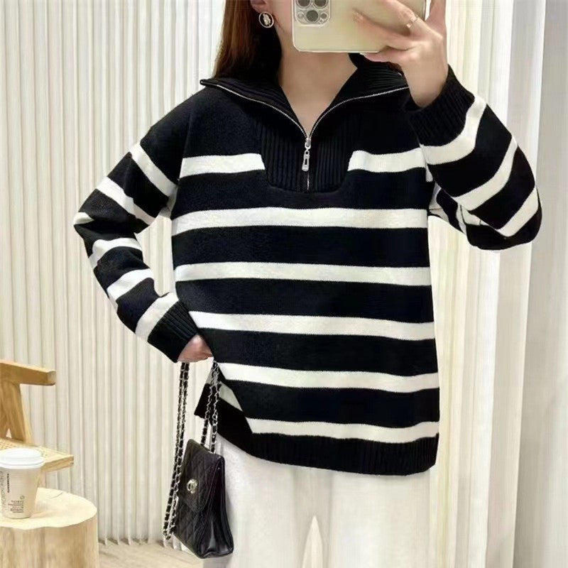 Contrast Color Striped Loose Idle Korean Style Pullover Urban Half Women's Sweater