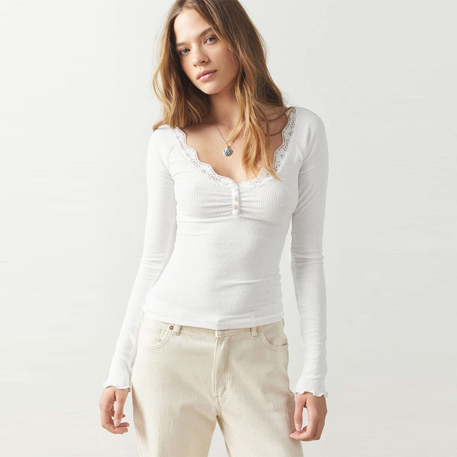 Women's Contrast Color Lace Stitching T-shirt Pure Desire Sexy Collar Long Women's Sweater