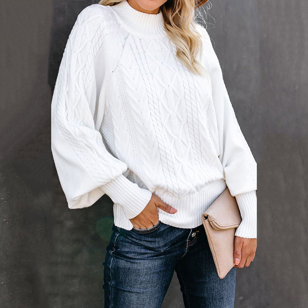 Women's Round Neck Knitted Solid Color Long Lantern Sleeve Sweater