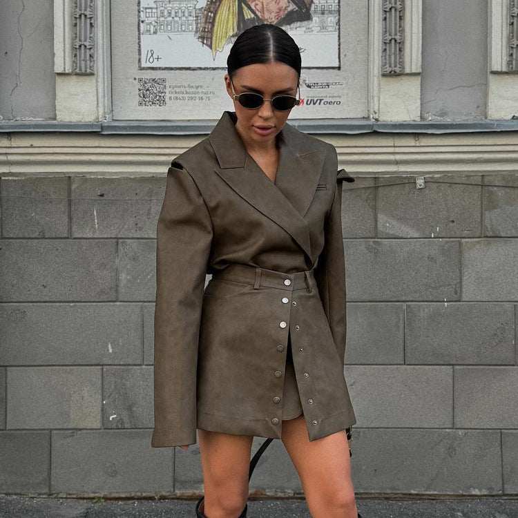 Women's Retro Fashion Leather Design Long-sleeved High-grade Suits