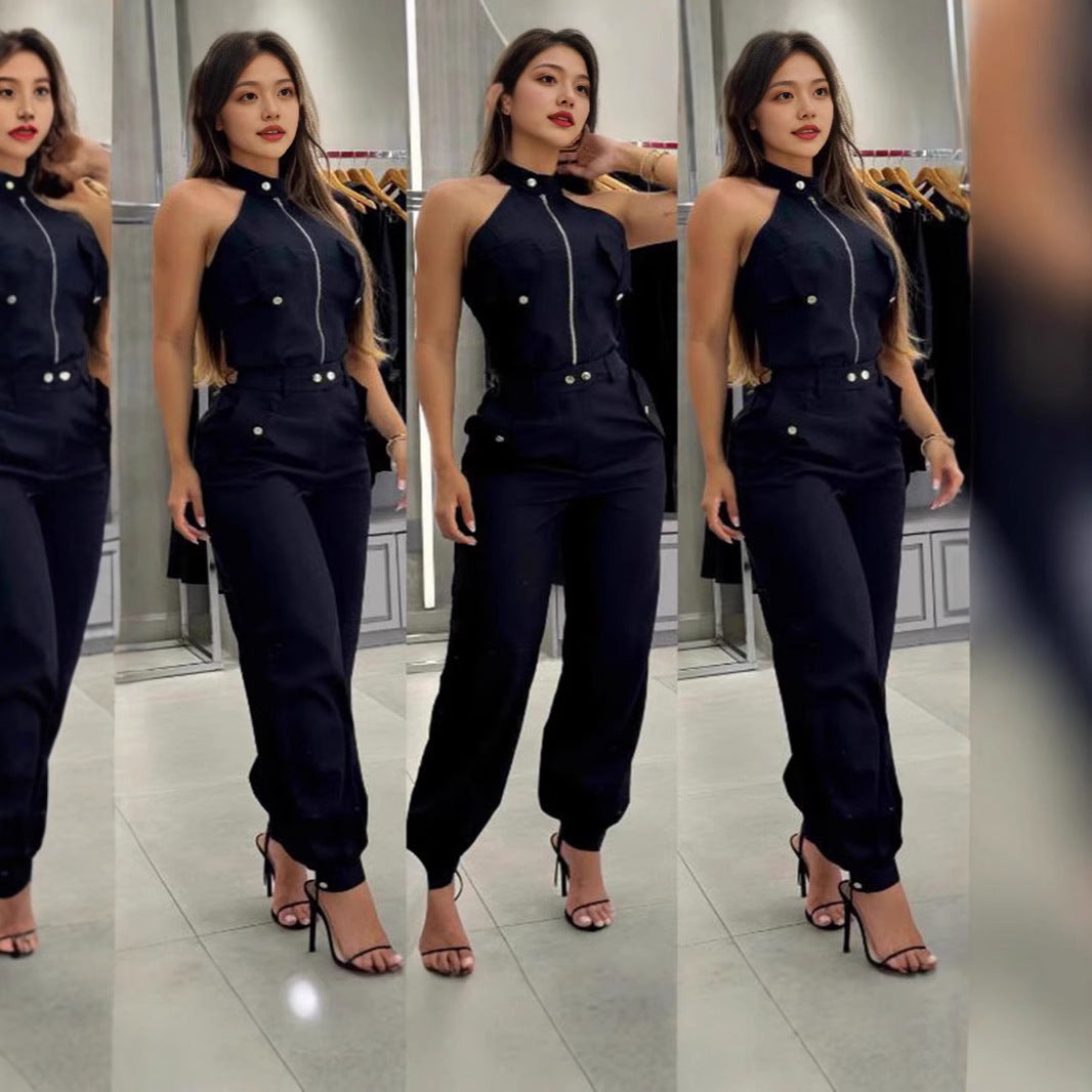 Women's Summer Sleeveless Slim Overalls Two-piece Set Suits