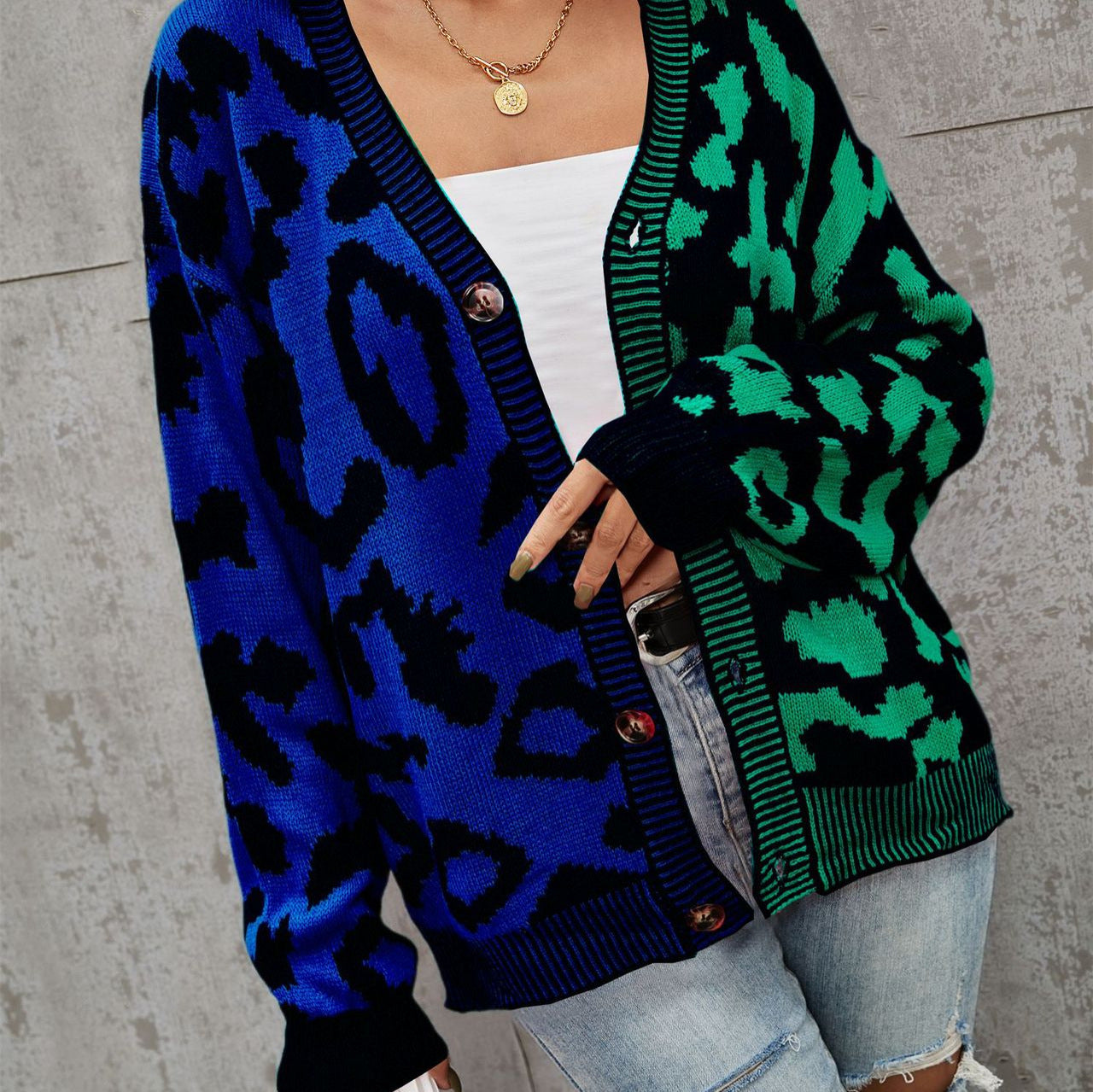 Graceful Comfortable Winter Leopard Splicing Button Women's Sweater