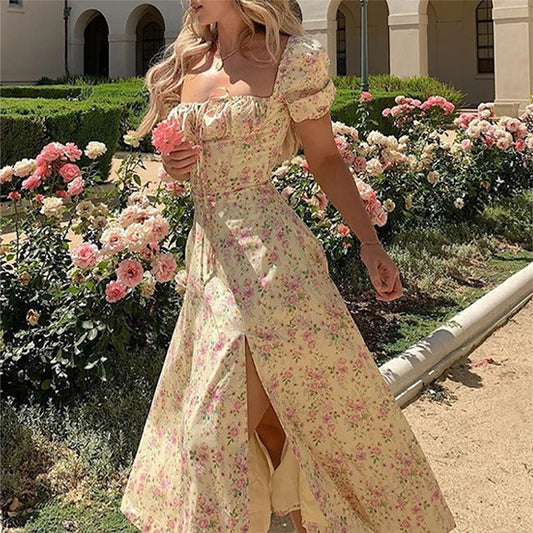 Women's Spring Printed French Floral Backless Slim Fit Sleeveless Dresses