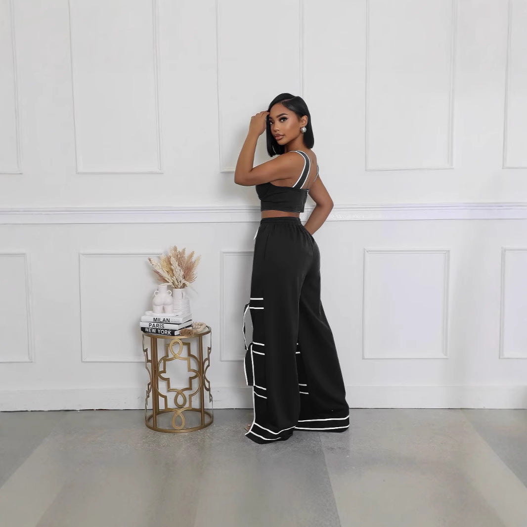 Fashion Solid Color Stitching Straps Casual Pants