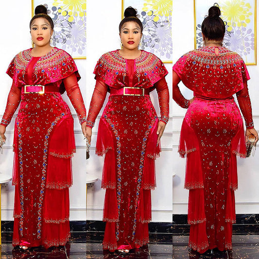 Women's Luxury Rhinestone Beaded Round Neck Long Dresses