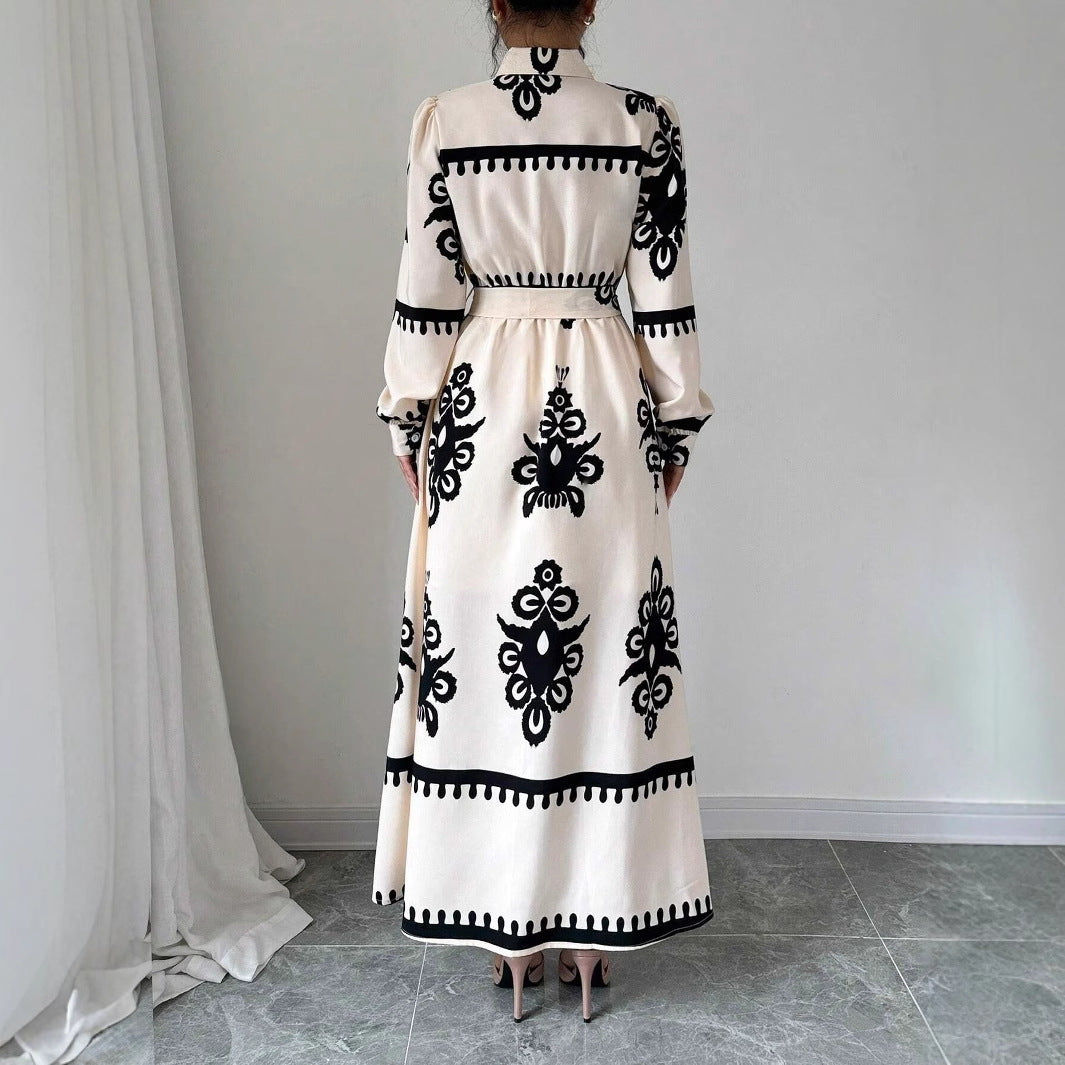 Printed Lace Up Shirt Long Sleeve Dress