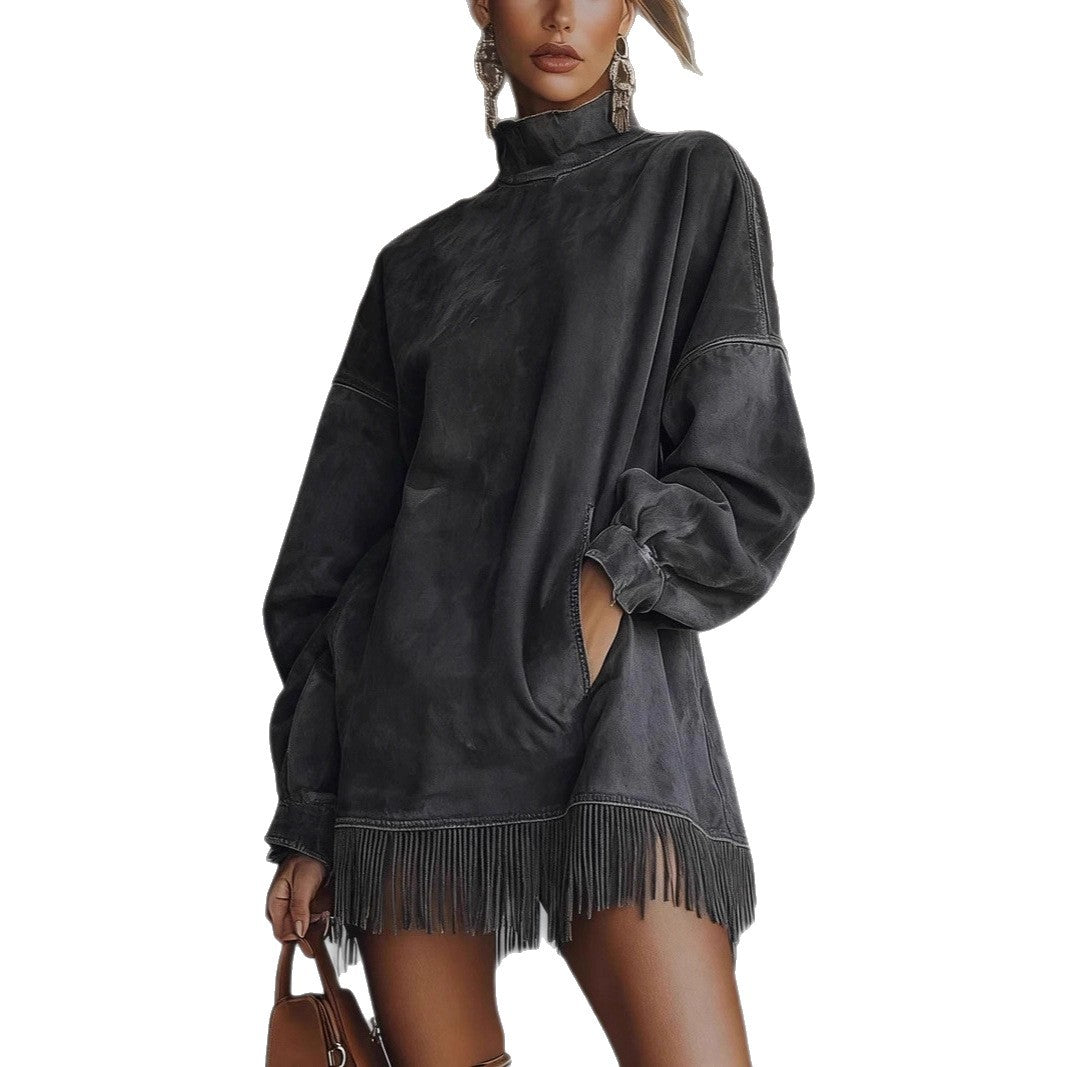 Turtleneck Suede Vintage Loose Pockets Tassel Long Dress