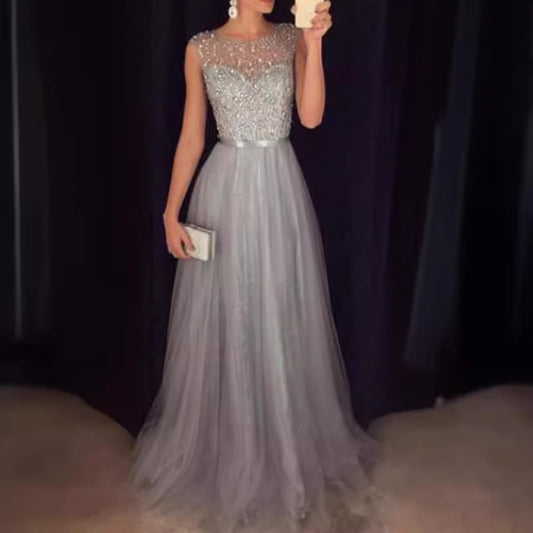Women's Elegant Mesh Sleeveless Sequined Dress Wedding Dresses