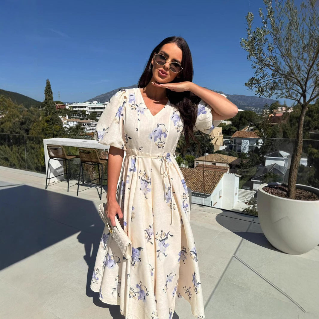 Women's Sleeve Printed Lace Up Large Swing Dresses