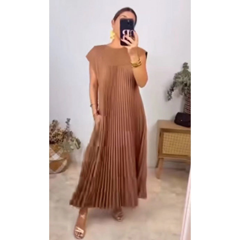 Round Neck Sleeveless Pleated Design Loose Dresses