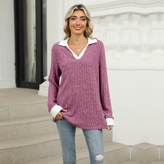 Women's Contrast Color Lapels Long Sleeve Loose-fitting Blouses