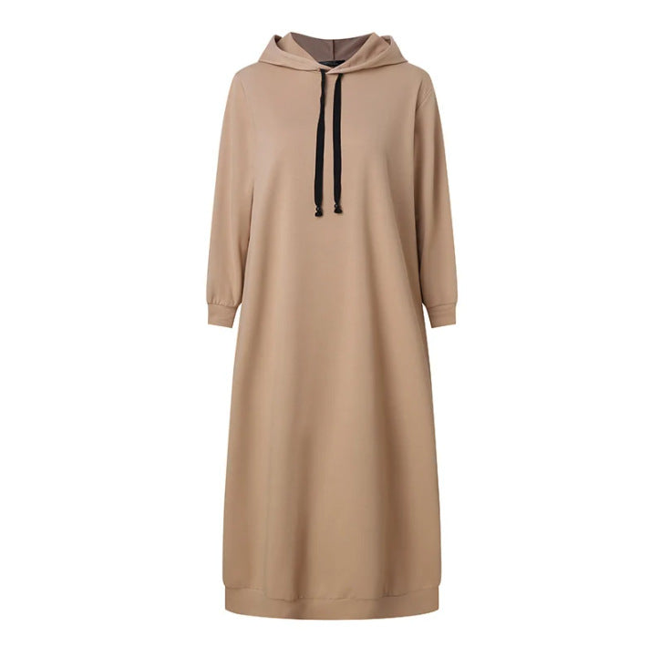 Women's Autumn Solid Color Plush Hooded Drawstring Loose Casual Long Dress