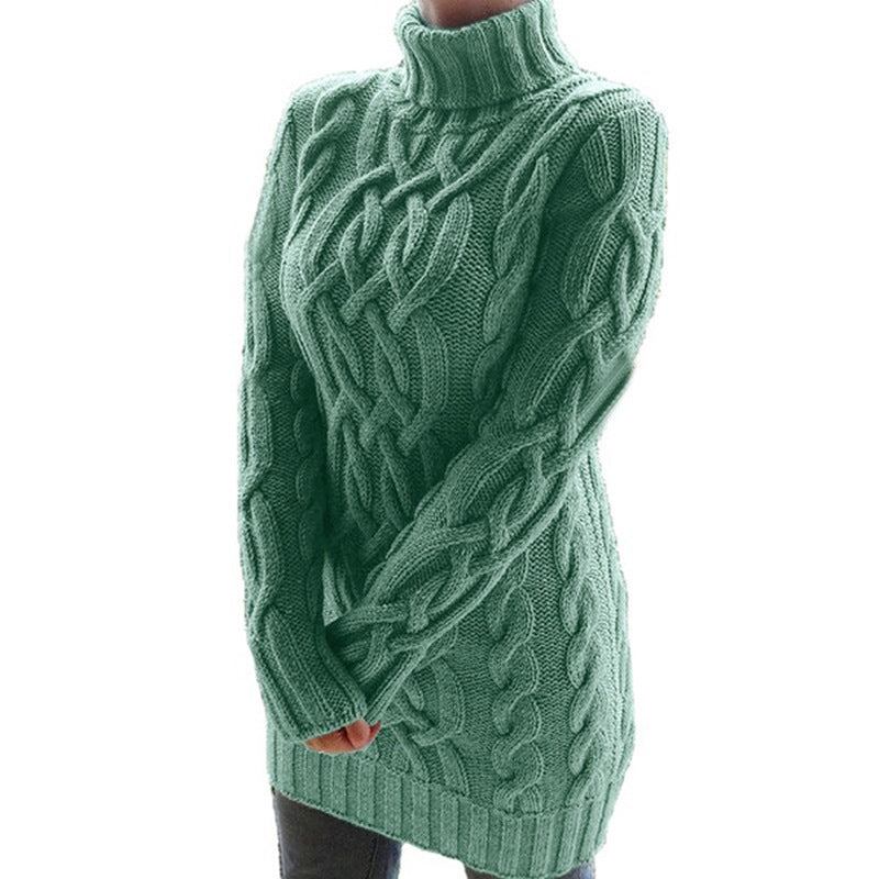 Long Sleeve Slim Knit Dress Solid Color High Neck Thickened Sweater