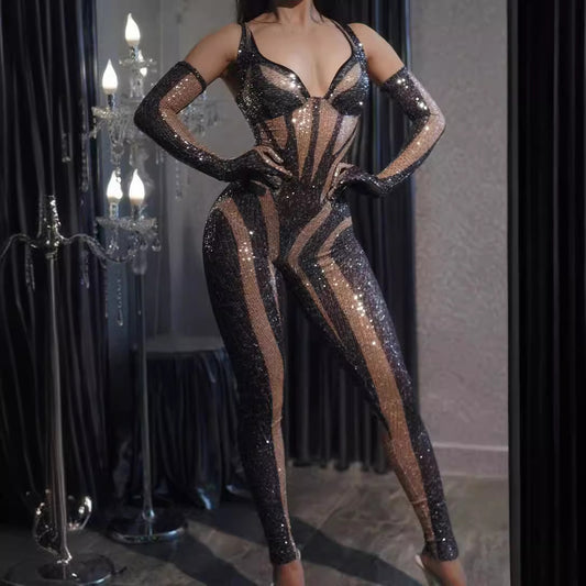 Sexy Half Backless Flesh Color Striped Jumpsuits