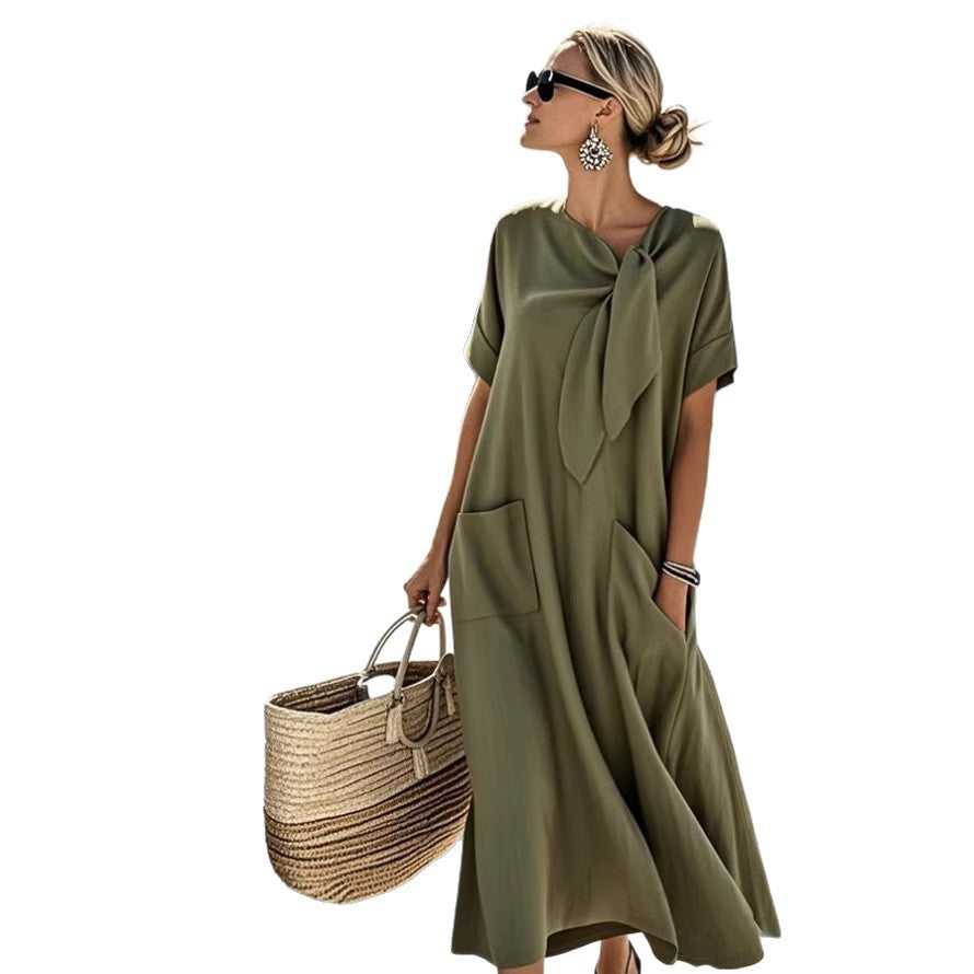 Sleeve Bow Pocket Wide Hem Loose Dress