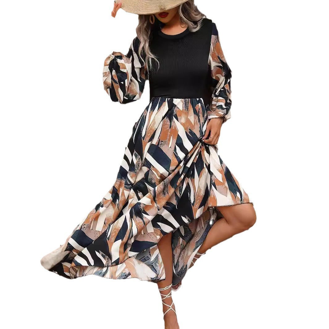 Women's French Fashionable Elegant Printed Round Neck Temperament Dress