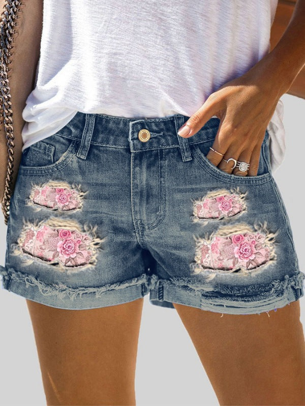 Women's Street Printing Ripped Straight Denim Trousers Jeans