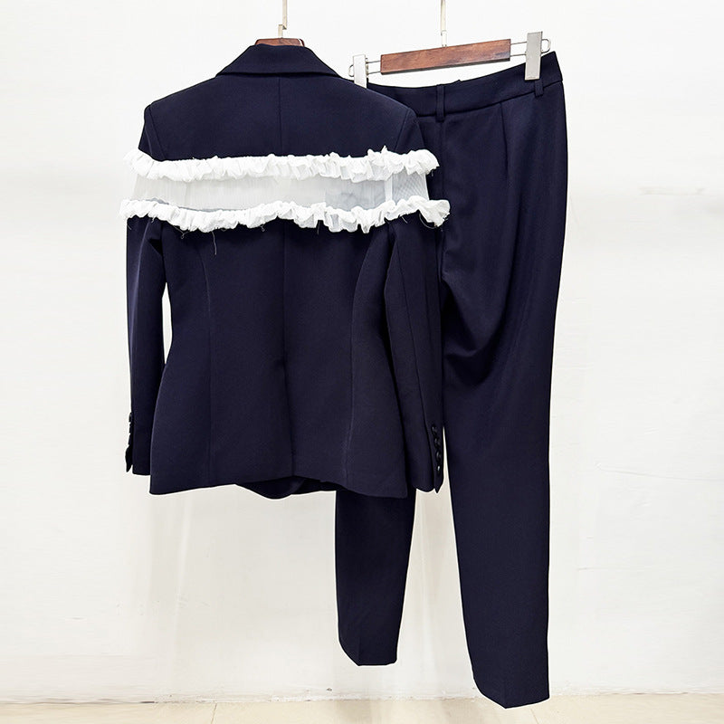 Temperament Mesh Stitching Trousers Two-piece Set Fashion Casual Suit