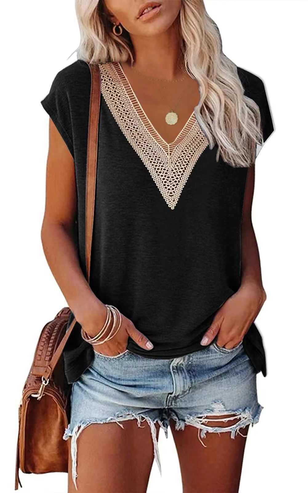 Women's Gold Lace Tile Sleeve Solid Color Blouses