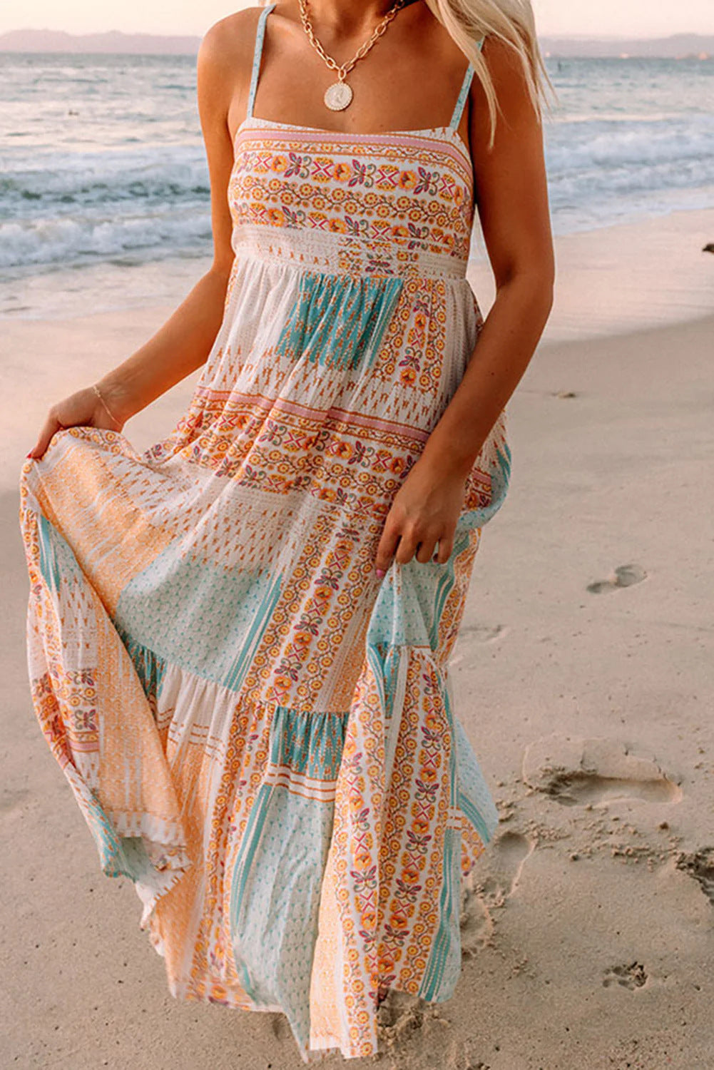 Women's Multicolor Bohemian Printed Square Collar Sling Dress