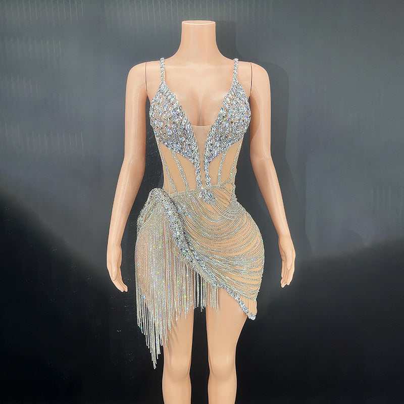 Women's Elegant Shiny Diamond Backless Sexy Apricot Dresses