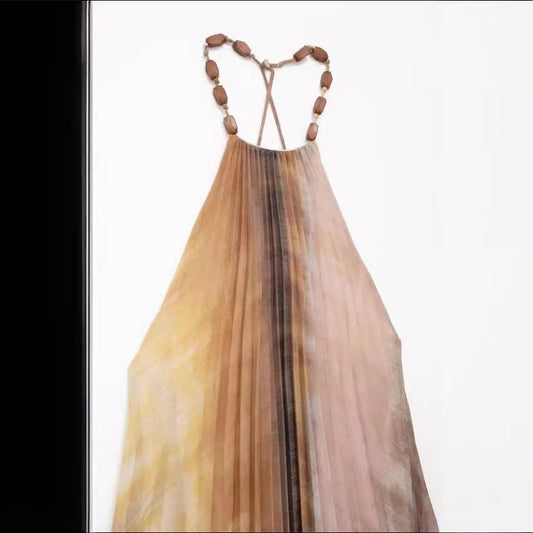 Women's Summer Print Hanging Collar Pleated Dress Dresses