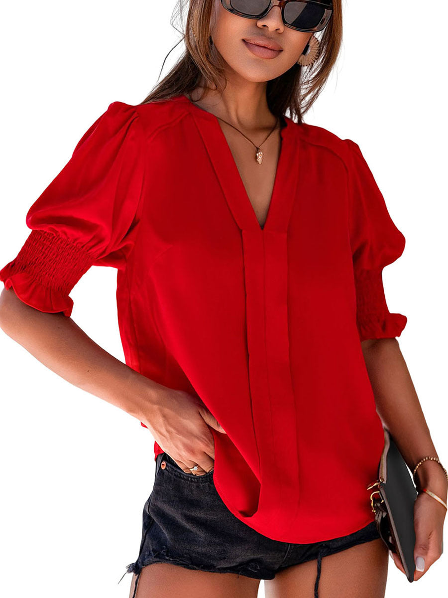 Women's Color Half Sleeve Collar Shirt Pleated Blouses