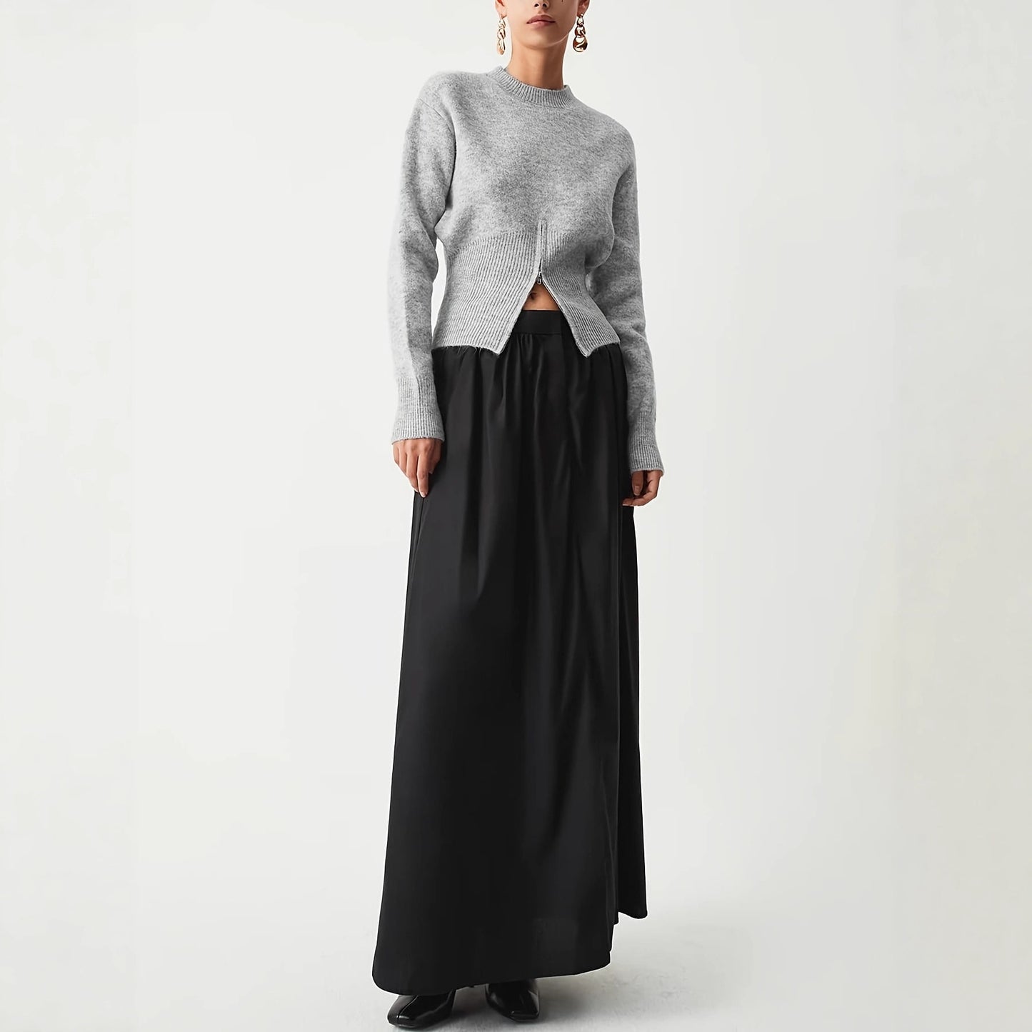 Women's Pullover Solid Color Round Neck Hem Zipper Women's Sweater