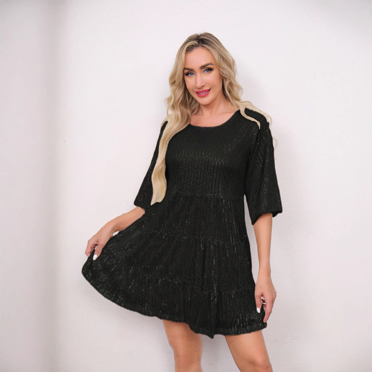 Solid Color Loose Waist Sleeves Dress Dresses