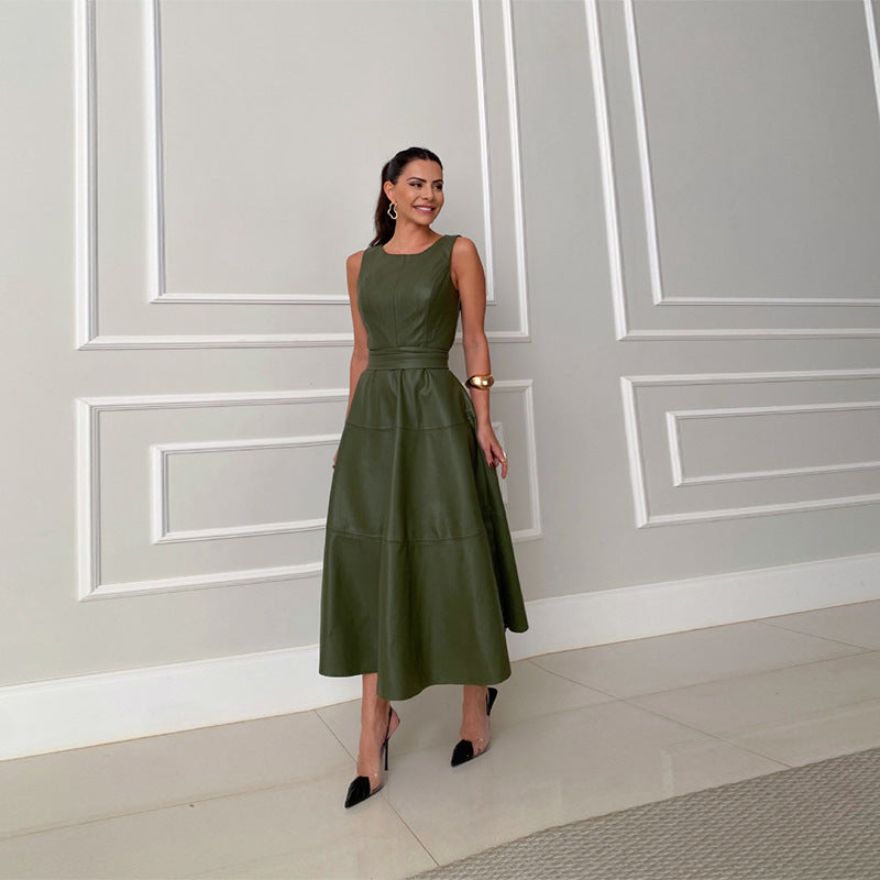 Spring Sleeveless Leather Elegant Waist Solid Dresses
