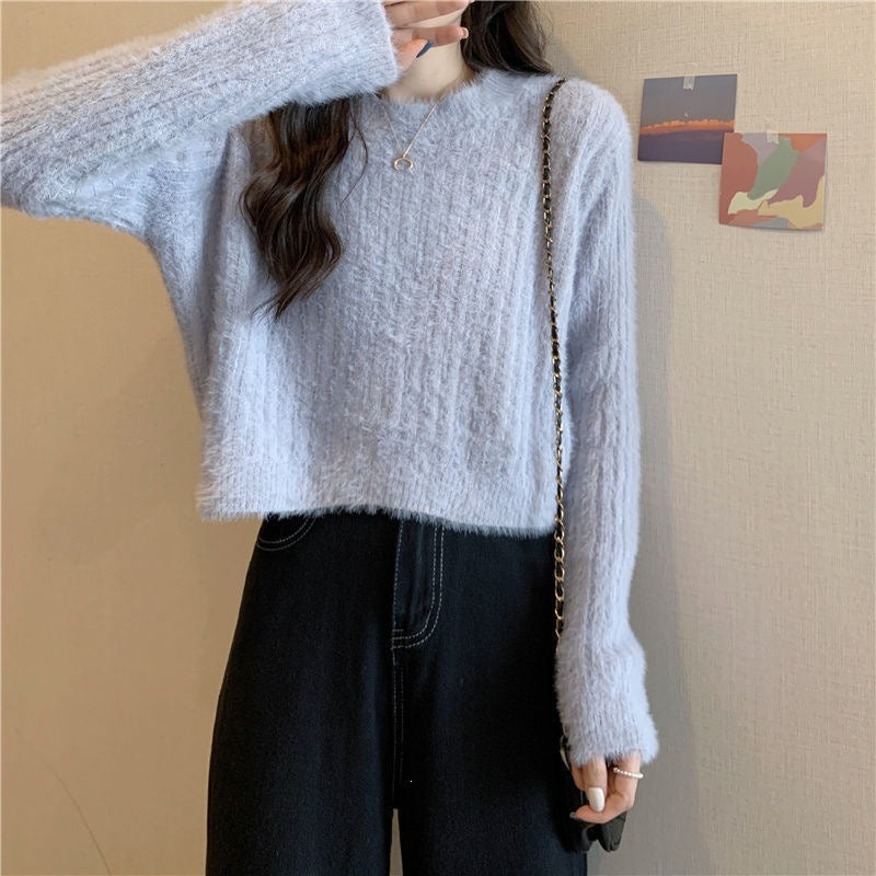 Women's Korean Style Mink Solid Color Sweet Graceful Pullover Women's Sweater