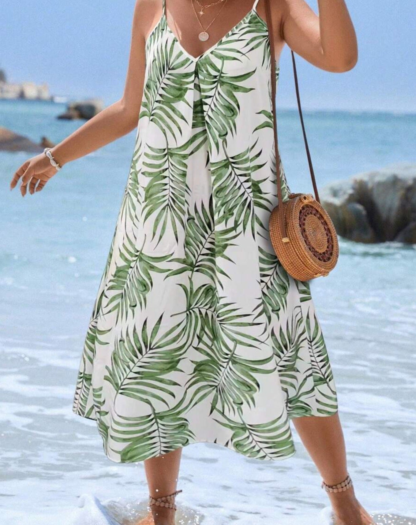 Summer Tropical Plant Printing Slip Leisure Vacation Dress