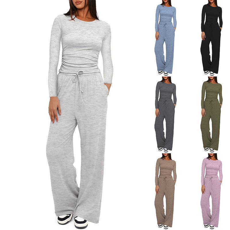 Solid Color Long Sleeves Outfit High Waist Wide Leg Tops