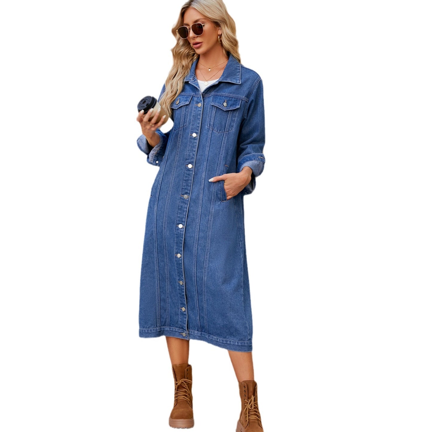 Women's Classy Washed Long Denim Trench Jackets