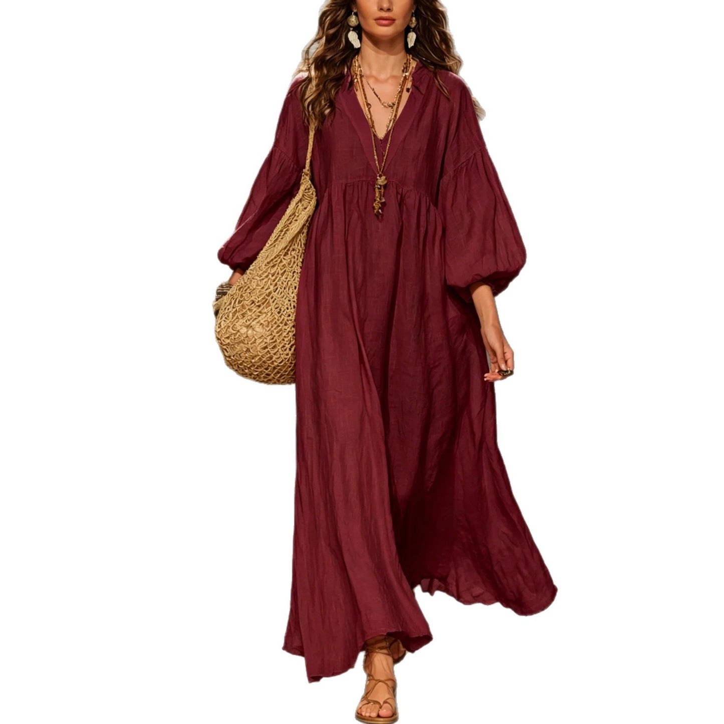 Women's Cotton Linen Deep V Lantern Sleeve Dress