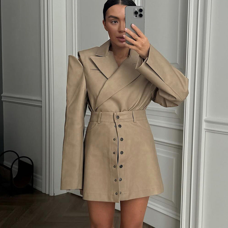 Women's Retro Fashion Leather Design Long-sleeved High-grade Suits
