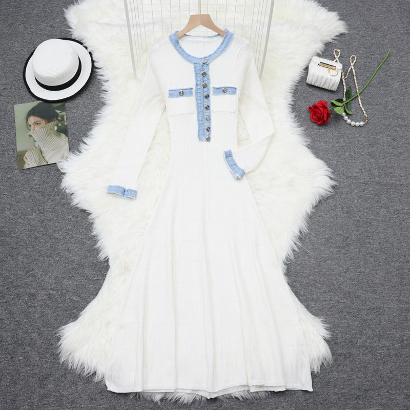 Denim Long-sleeved Knitted Simple Round Neck Slimming Dress
