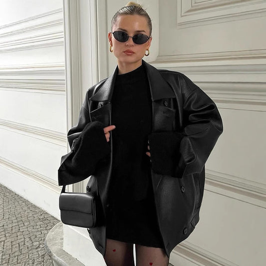 Women's Retro Elegant Collar Loose Leather Fashion Jackets