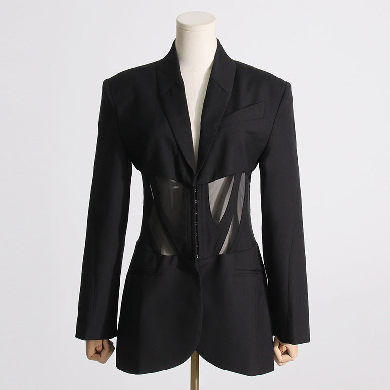 Women's Waist Mesh Slim Fit Patchwork Design Blazers
