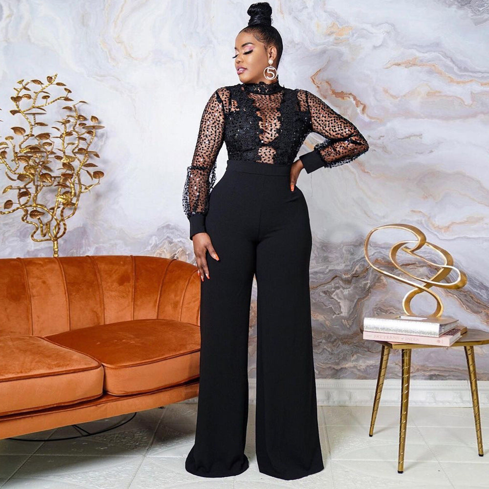 Women's Party Style Turtleneck Sequin Lace Long Pants
